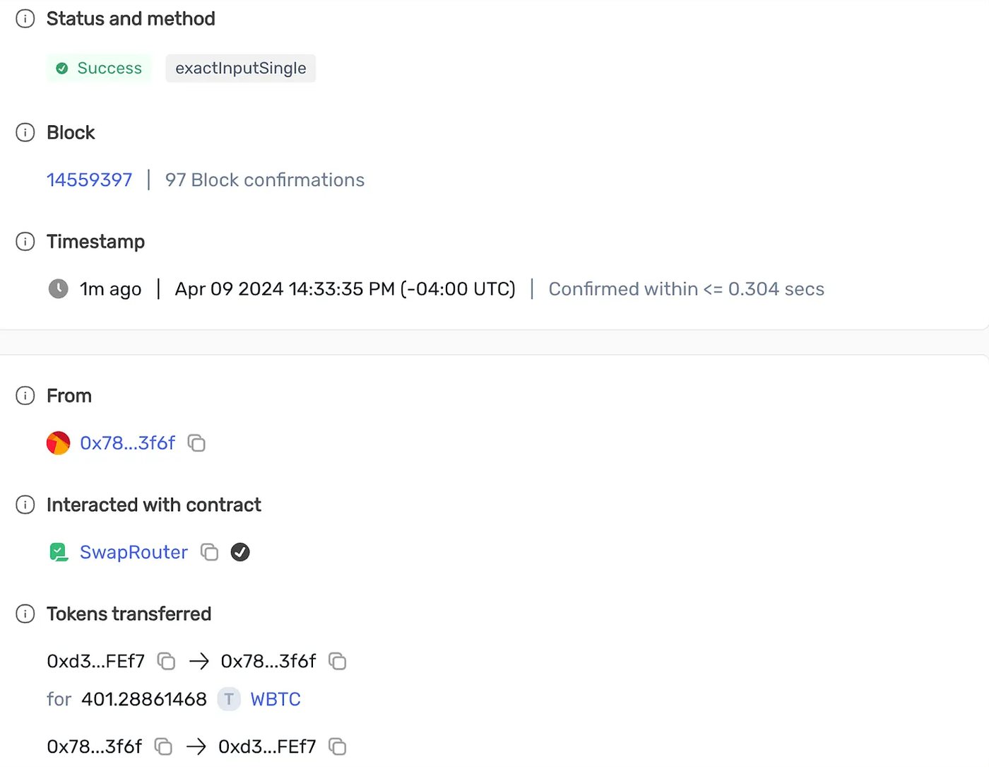 An example of a transaction which anyone can observe on a blockchain explorer like SeiTrace